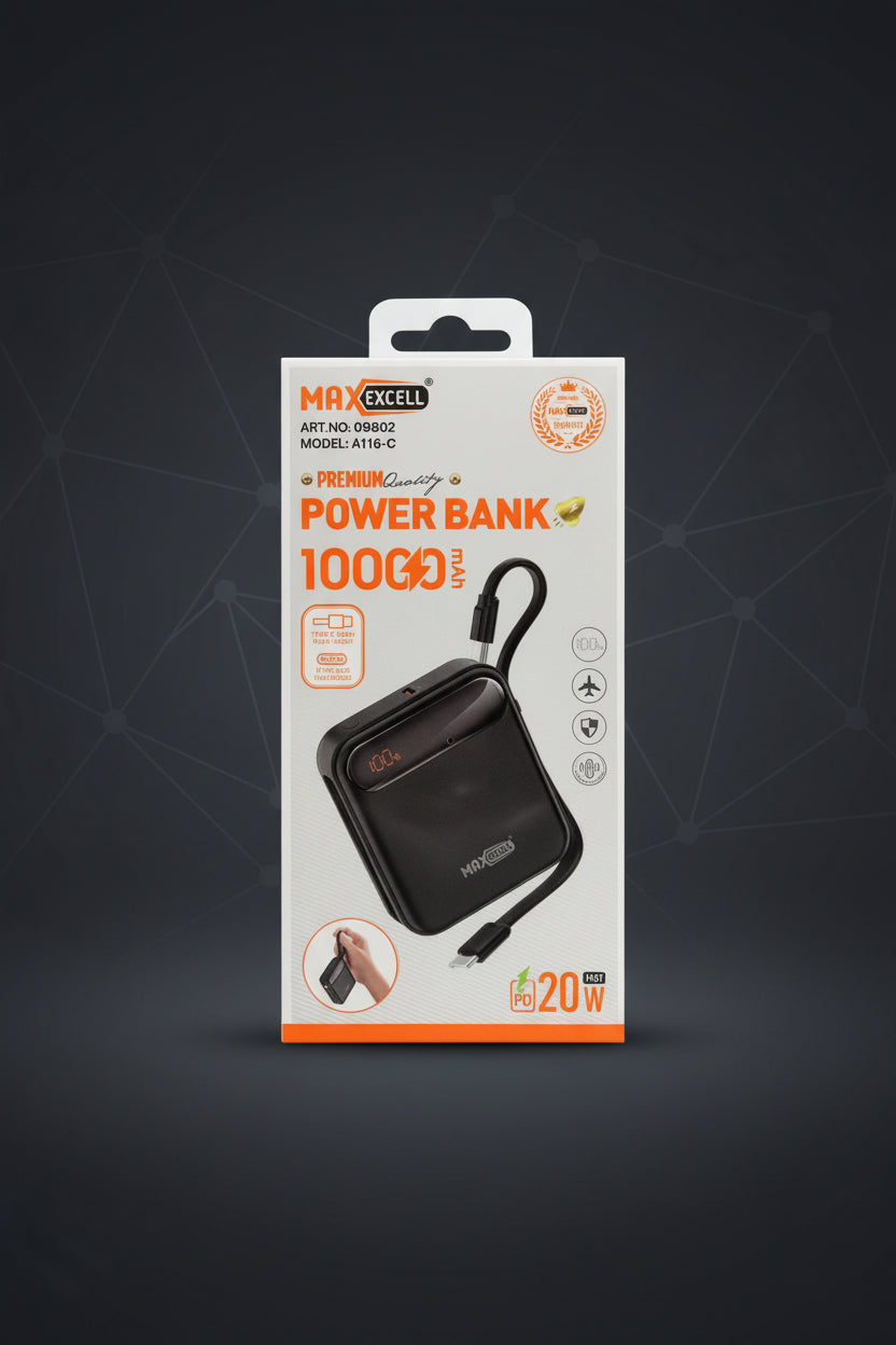 Power Bank 10 000 mAh MAXEXCELL – Batterie Externe USB-C PD 20W avec Câble Intégré