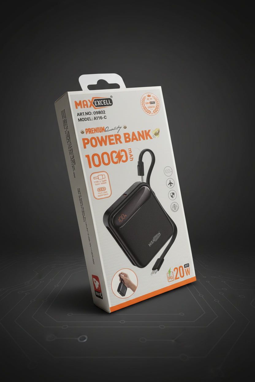 Power Bank 10 000 mAh MAXEXCELL – Batterie Externe USB-C PD 20W avec Câble Intégré
